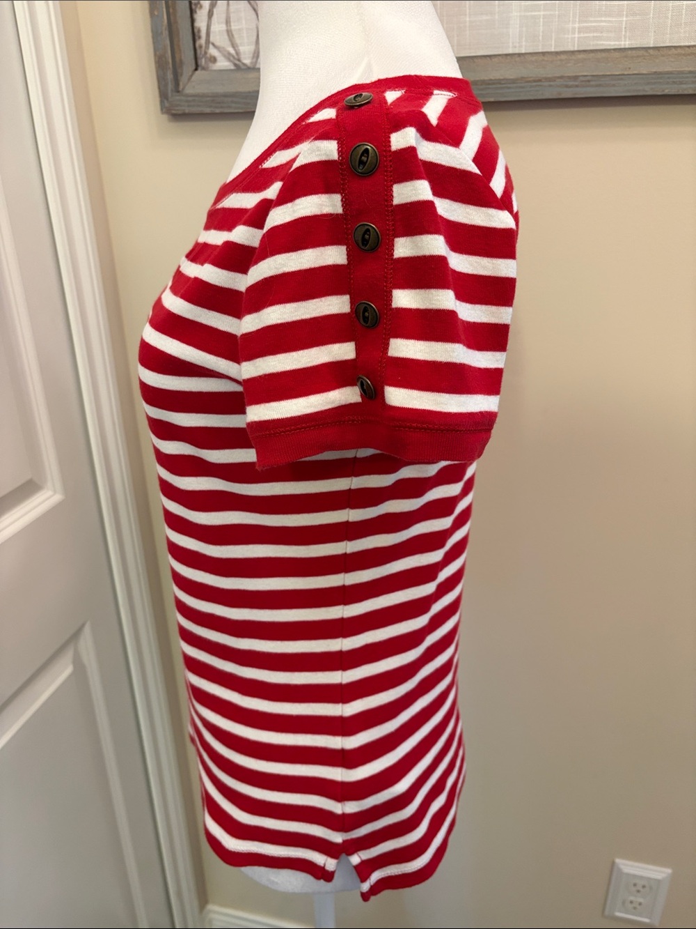 Lauren Ralph Lauren Short Sleeve Top Button-Sleeve Medium Red White Striped - Picture 7 of 13